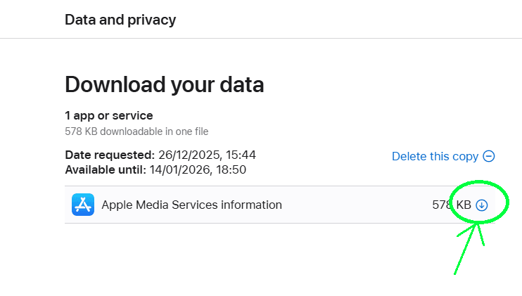 Apple Data Download Screen