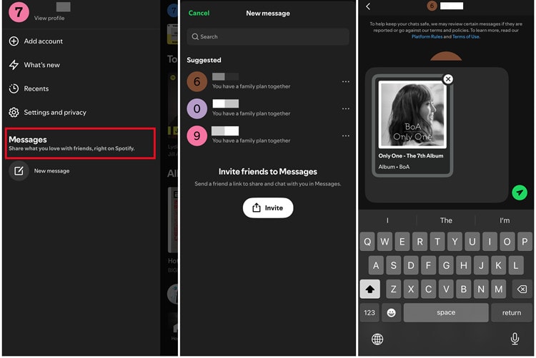 Spotify Messages navigation
