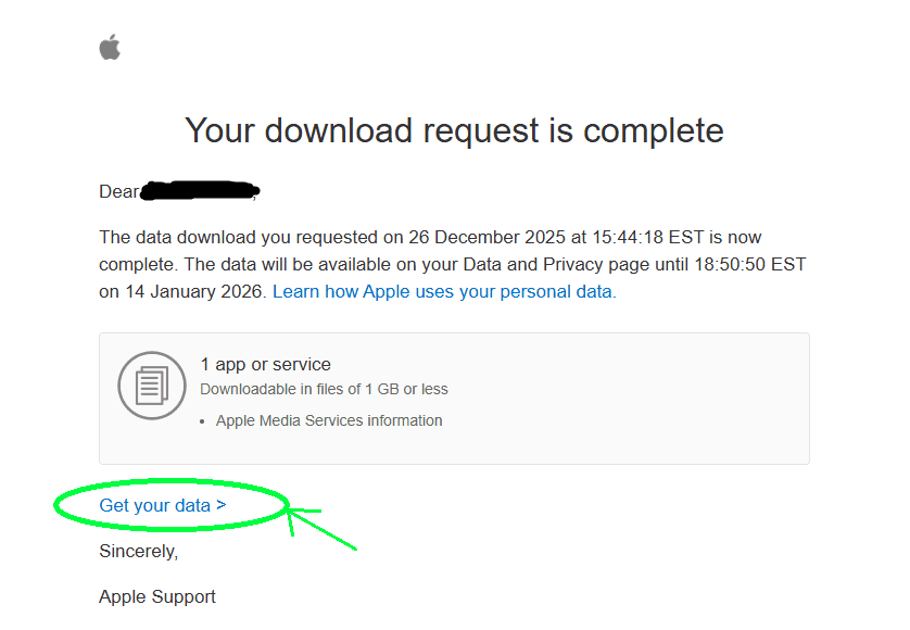 Apple Privacy export status ready