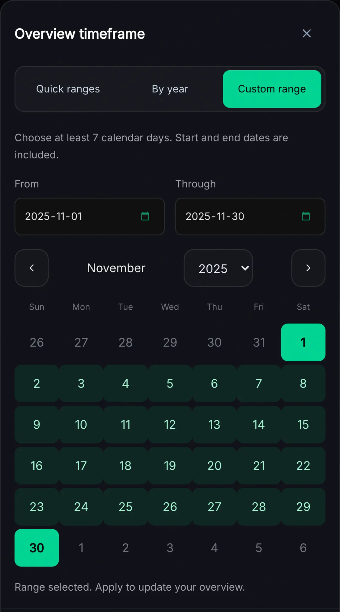 Timeframe picker, custom date range